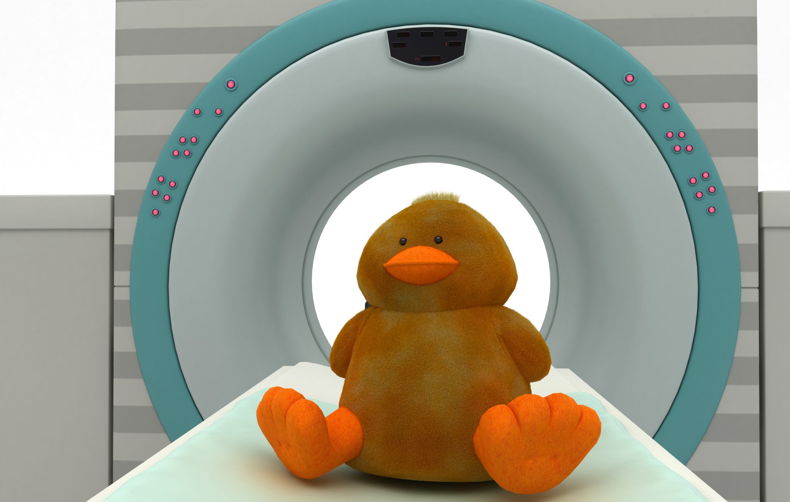 Stuffed animal duck inside MRI device